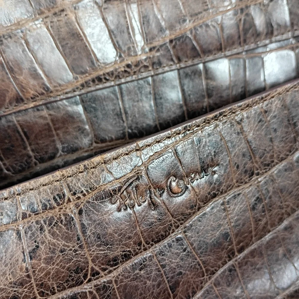 Foley‎ + Corinna Brown Croc Embossed Leather Satchel Shoulder Bag Brass Hardware
